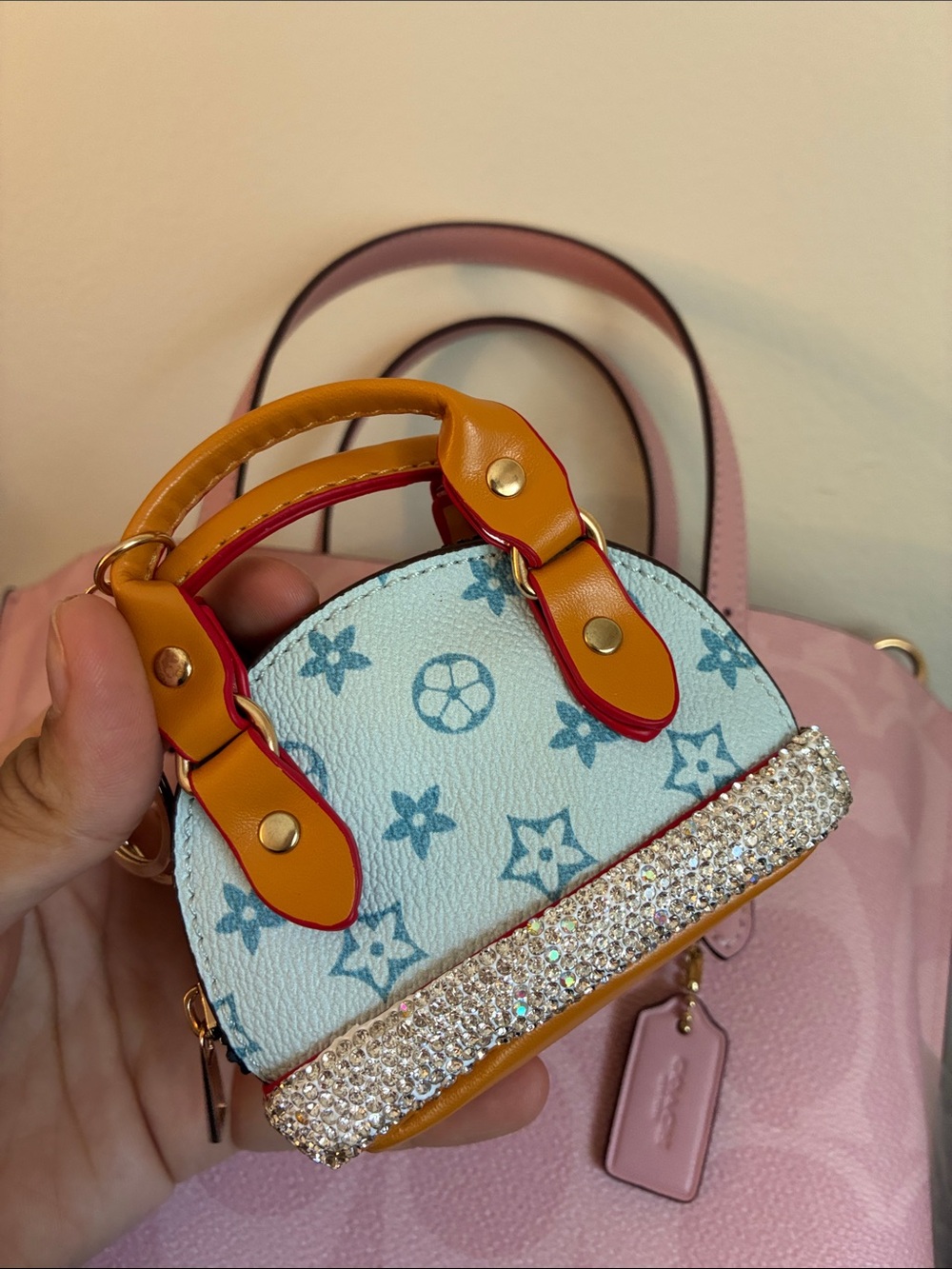 Mini Blue Monogram Handbag Charm with Rhinestone Trim - Picture 3 of 5